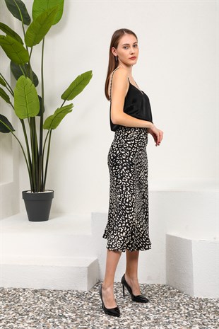 Siyah Leopar Desen Saten Etek