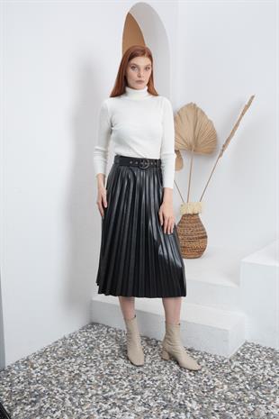 Kemerli Siyah Pliseli Deri Etek