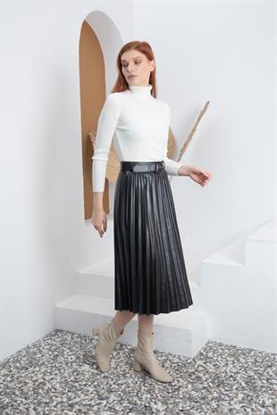 Kemerli Siyah Pliseli Deri Etek