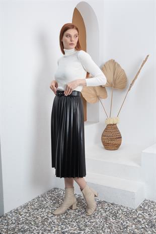 Kemerli Siyah Pliseli Deri Etek