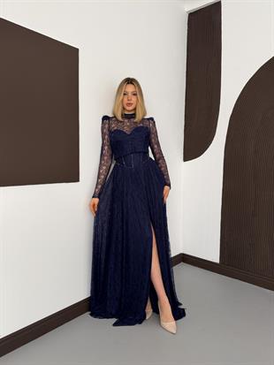 Bolerolu İşlemeli Lacivert Dantelli Abiye