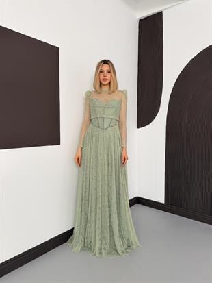 Bolerolu İşlemeli Mint Yeşili Dantelli Abiye