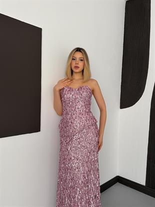 	Payet Boncuk İşlemeli Dantelli Pudra Abiye