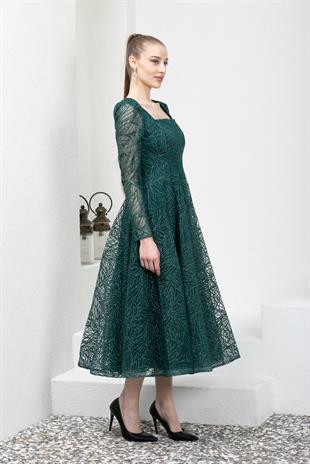 Kare Yaka Yeşil Gliter Midi Boy Abiye Elbise