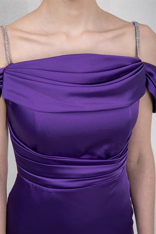 Kayık Yaka Mor Saten Abiye Elbise