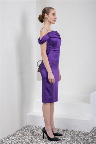 Kayık Yaka Mor Saten Abiye Elbise