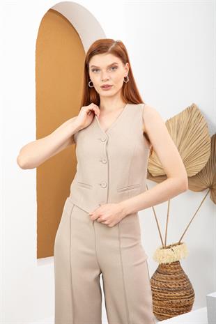 Taş Rengi Yelekli Takım