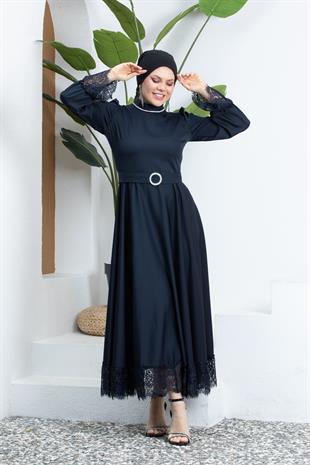 Kolları Dantelli Taşlı Lacivert Tesettür Abiye Elbise