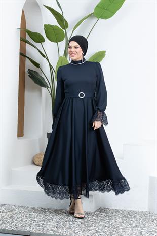 Kolları Dantelli Taşlı Lacivert Tesettür Abiye Elbise