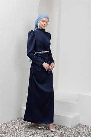 Lacivert Kemeri Taşlı Tesettür Abiye Elbise