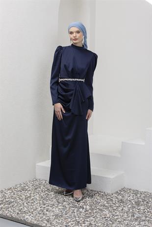 Lacivert Kemeri Taşlı Tesettür Abiye Elbise