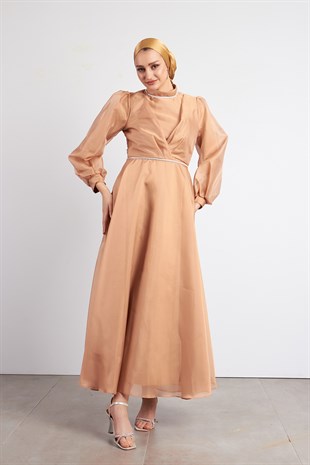 Beli Taşlı Gold Tesettür Abiye Elbise