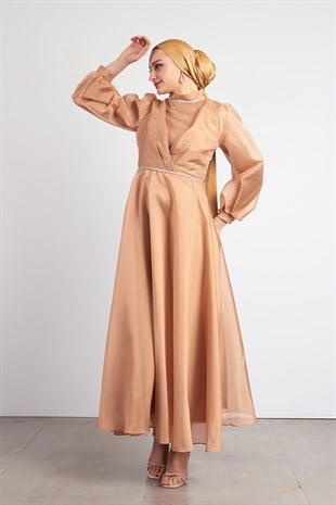 Beli Taşlı Gold Tesettür Abiye Elbise