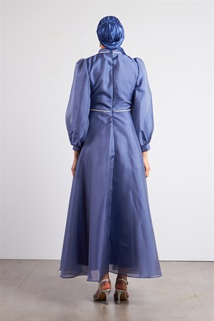 Beli Taşlı İndigo Tesettür Abiye Elbise