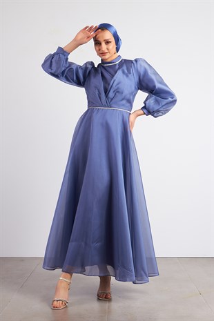 Beli Taşlı İndigo Tesettür Abiye Elbise