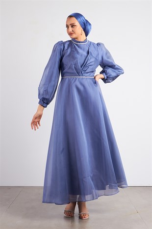 Beli Taşlı İndigo Tesettür Abiye Elbise