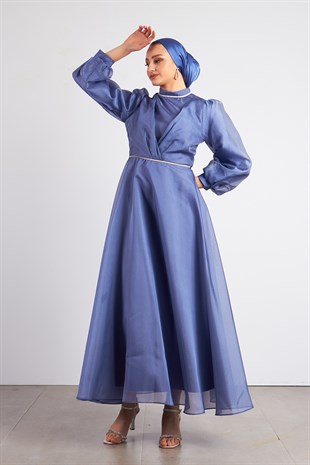 Beli Taşlı İndigo Tesettür Abiye Elbise