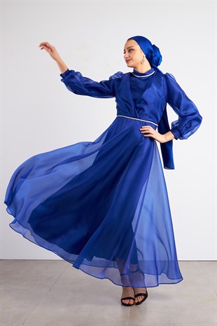 Beli Taşlı Saks Tesettür Abiye Elbise