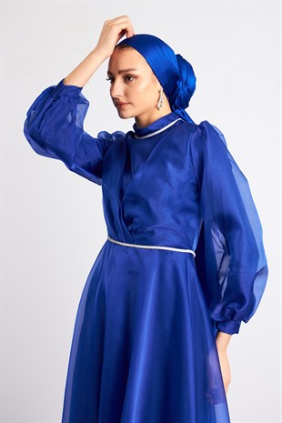 Beli Taşlı Saks Tesettür Abiye Elbise