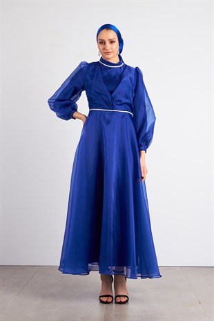 Beli Taşlı Saks Tesettür Abiye Elbise