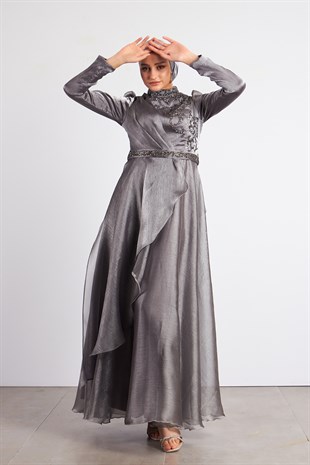 Gri Reyhan Tesettür Abiye Elbise