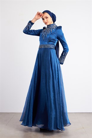 Lacivert Ebru Tesettür Abiye Elbise