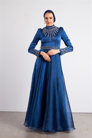 Lacivert Ebru Tesettür Abiye Elbise