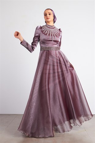 Lila Ebru Tesettür Abiye Elbise