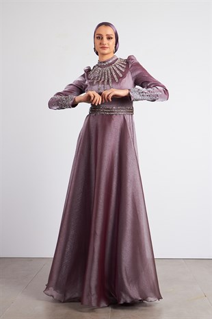 Lila Ebru Tesettür Abiye Elbise