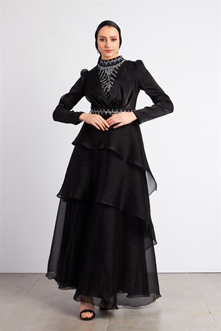 Siyah Açelya Tesettür Abiye Elbise
