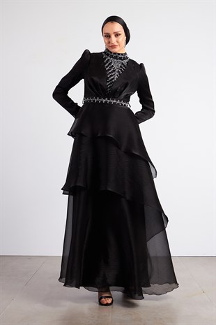 Siyah Açelya Tesettür Abiye Elbise