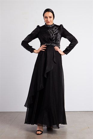Siyah Reyhan Tesettür Abiye Elbise