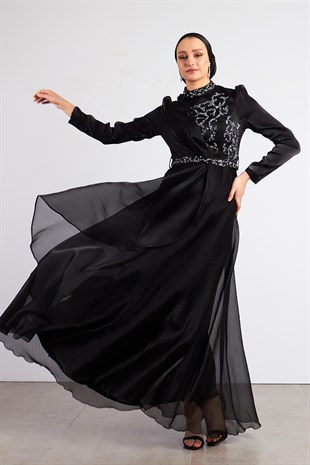 Siyah Reyhan Tesettür Abiye Elbise