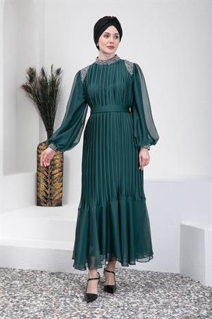 Taşlı Piliseli Yeşil Tesettür Abiye Elbise