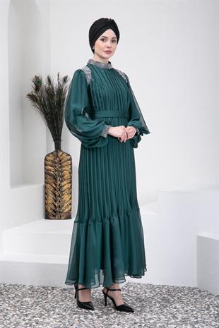 Taşlı Piliseli Yeşil Tesettür Abiye Elbise