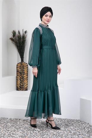 Taşlı Piliseli Yeşil Tesettür Abiye Elbise