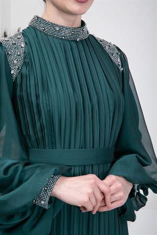 Taşlı Piliseli Yeşil Tesettür Abiye Elbise