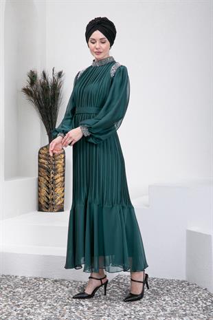 Taşlı Piliseli Yeşil Tesettür Abiye Elbise