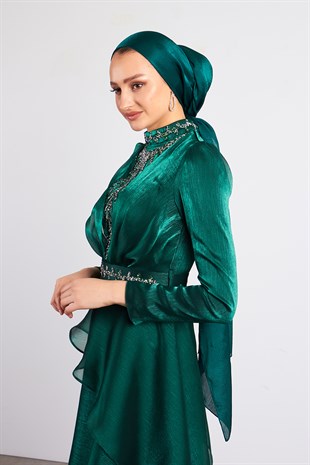 Yeşil Açelya Tesettür Abiye Elbise