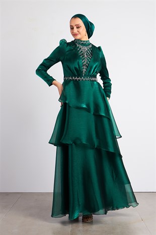 Yeşil Açelya Tesettür Abiye Elbise