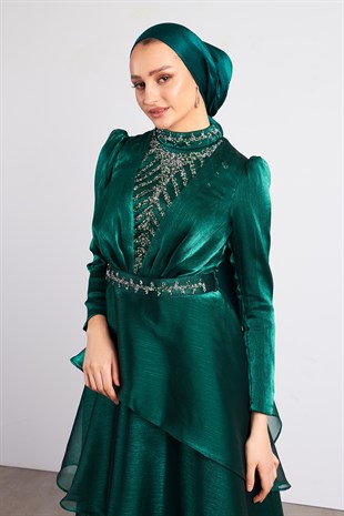Yeşil Açelya Tesettür Abiye Elbise