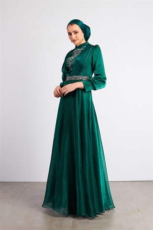 Yeşil Arya Tesettür Abiye Elbise