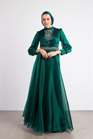 Yeşil Arya Tesettür Abiye Elbise