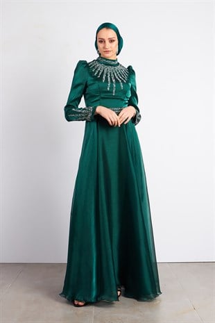 Yeşil Ebru Tesettür Abiye Elbise