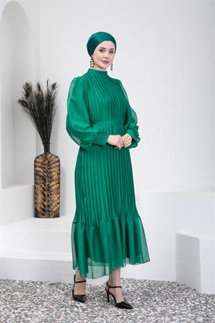 Yeşil Piliseli Tesettür Abiye Elbise