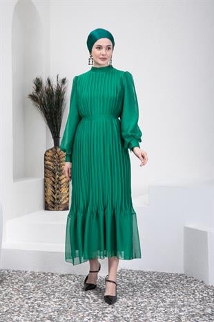 Yeşil Piliseli Tesettür Abiye Elbise