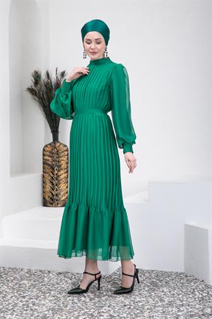 Yeşil Piliseli Tesettür Abiye Elbise