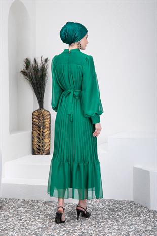 Yeşil Piliseli Tesettür Abiye Elbise