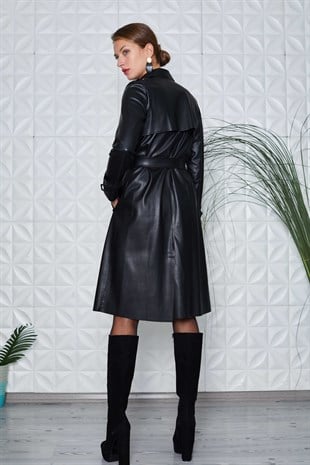 Siyah Deri Trençkot