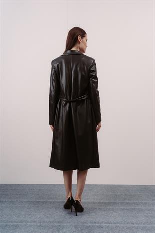 Siyah Kemerli Deri Trençkot